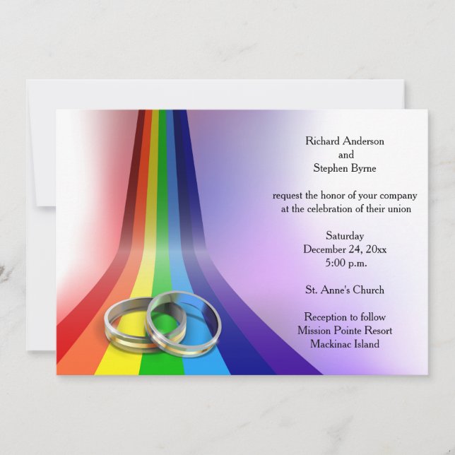 Invitación a la boda gay arcoiris y anillos (Anverso)