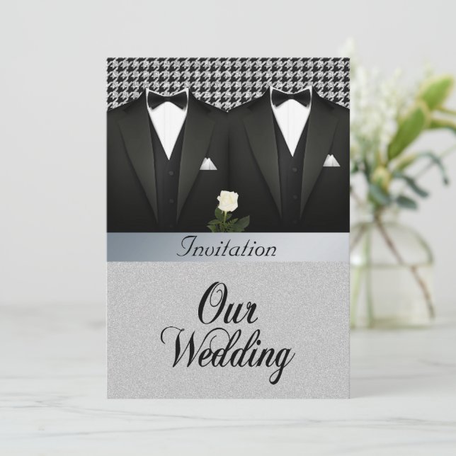 Invitación a la boda gay con Tuxedo y Rosa Blanca (Anverso de pie)