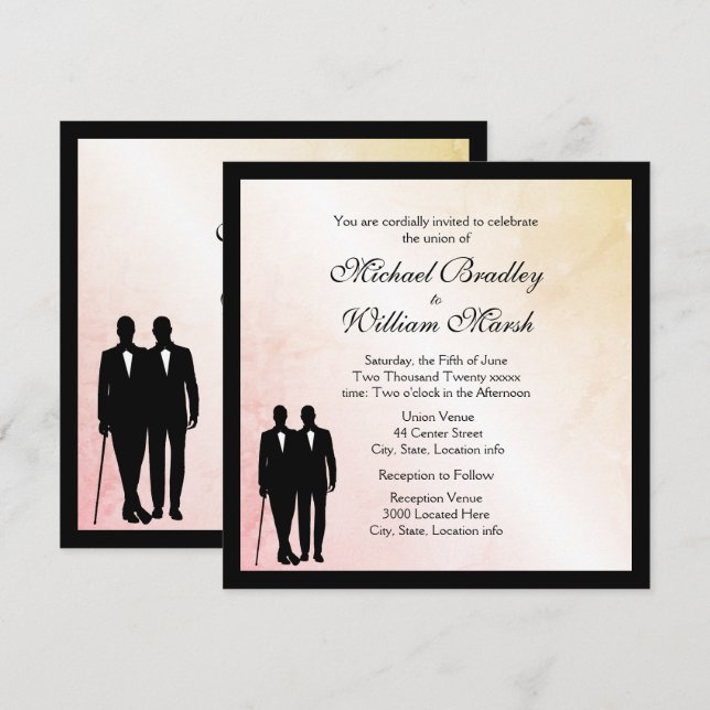 Invitación a la boda gay de mármol de Peach (Anverso / Reverso)