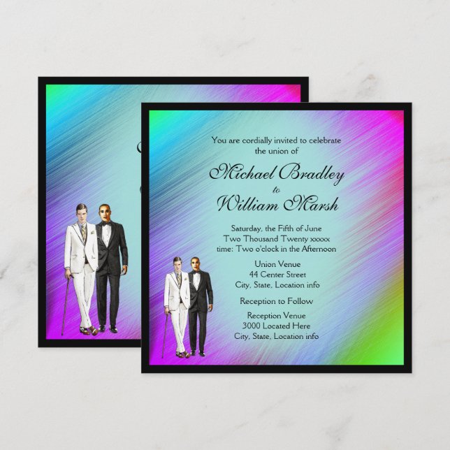 Invitación a la boda gay verde arcoiris enmarcada (Anverso / Reverso)