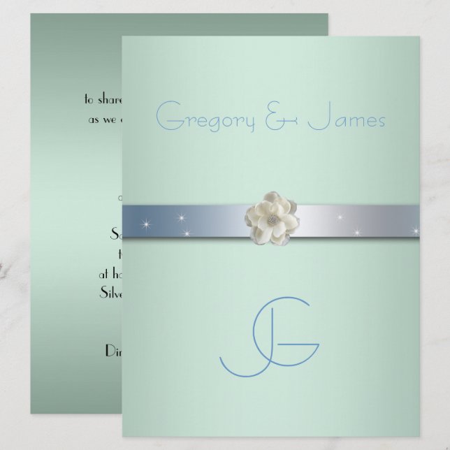 Invitación a la boda gay, verde y plateado en el m (Anverso / Reverso)
