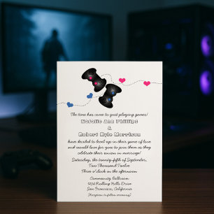 Invitación a la boda Geeky Gamers Dark (Azul/Rosa)