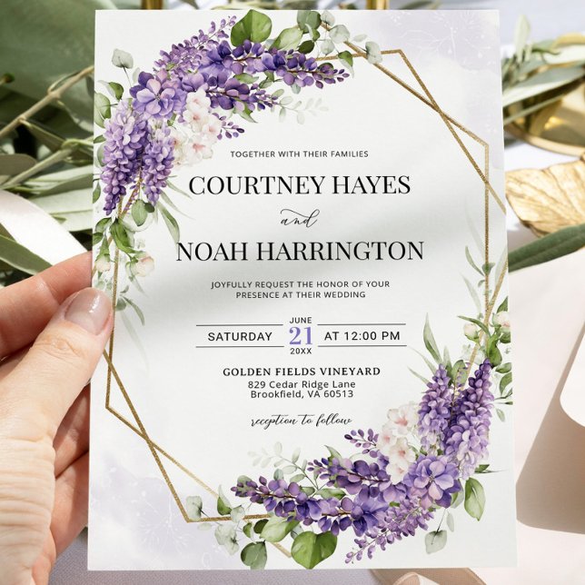 Invitación a la boda geométrica con glicinia púrpu (Subido por el creador)