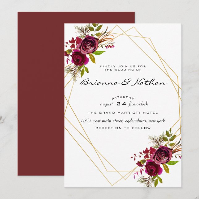 Invitación a la boda geométrica de Borgoña (Anverso / Reverso)