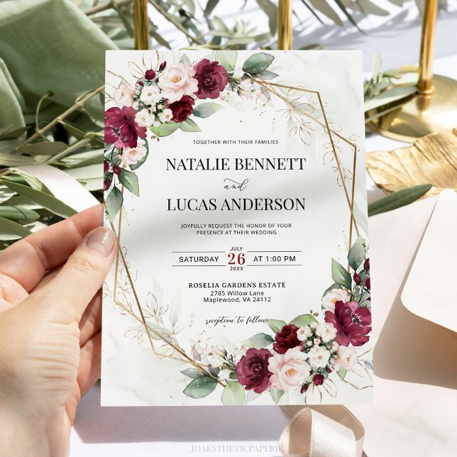 Invitación a la boda geométrica de Borgoña y Rubor (Subido por el creador)