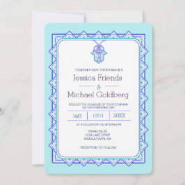 invitación a la boda geométrica de hamsa verde azu
