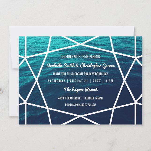 Invitación a la boda geométrica de las olas turque (Anverso)