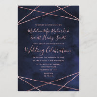 Invitación a la boda geométrica de oro azul y Rosa
