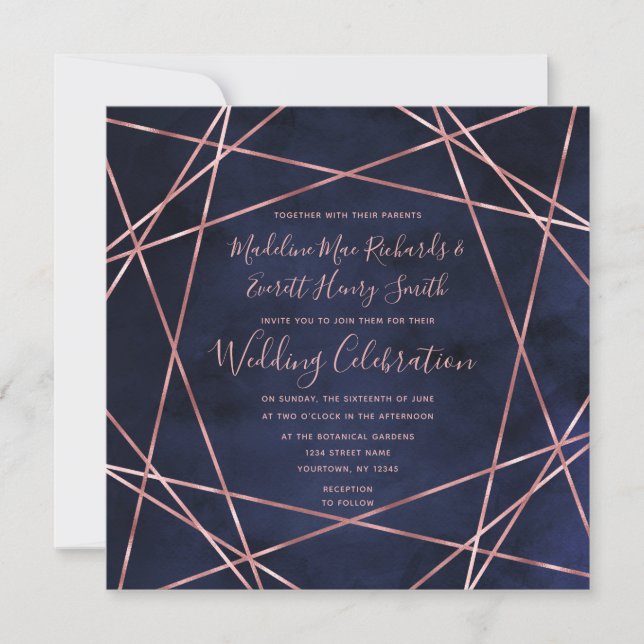 Invitación a la boda geométrica de oro azul y Rosa (Anverso)