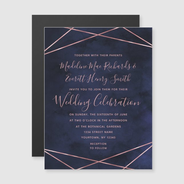 Invitación a la boda geométrica de oro azul y Rosa (Anverso/Reverso)