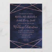 Invitación a la boda geométrica de oro azul y Rosa