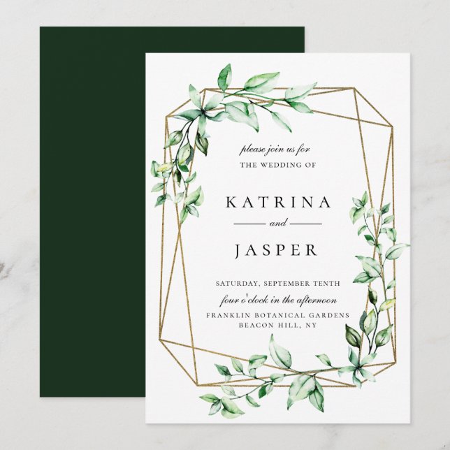 Invitación a la Boda Geométrica de Oro de Verdor (Anverso / Reverso)