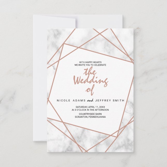 Invitación a la Boda Geométrica de Oro Rosa de Már (Anverso)