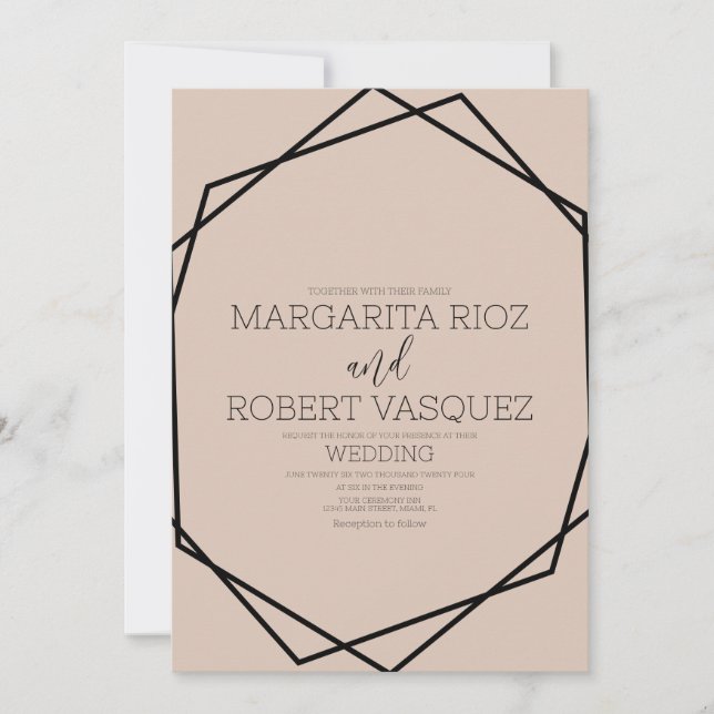 Invitación a la boda geométrica de Rubor en negro (Anverso)