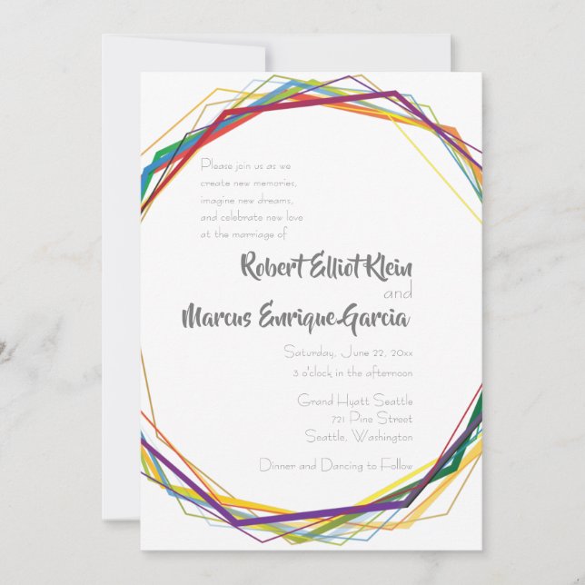 Invitación a la boda geométrica del arco iris mode (Anverso)