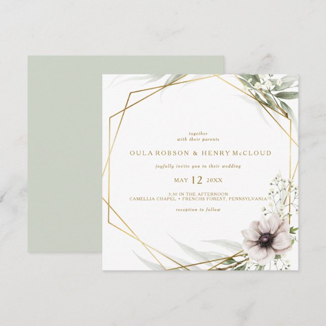 Invitación a la boda geométrica Eucalyptus Gold (Anverso / Reverso)