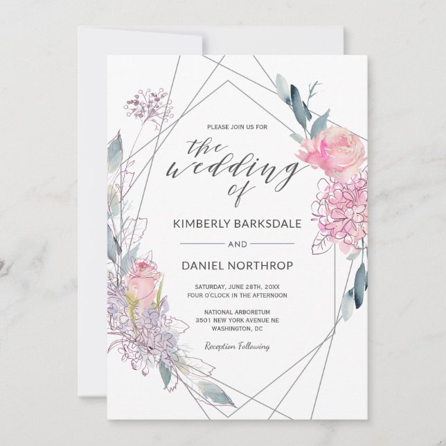Invitación a la boda geométrica floral acuarela (Anverso)