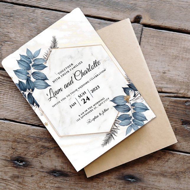 Invitación a la boda geométrica floral azul y dora (Subido por el creador)