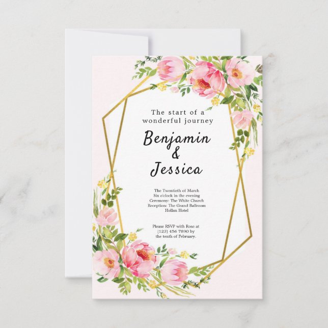 Invitación a la boda geométrica floral rosa y dora (Anverso)