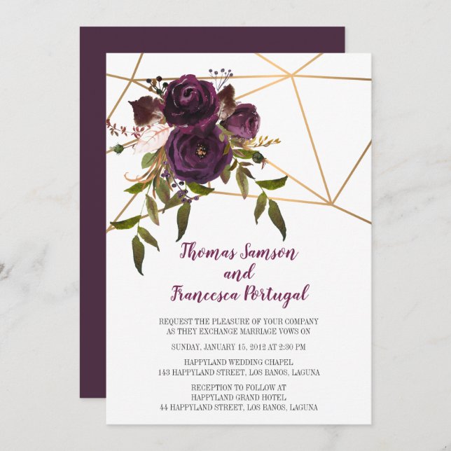 Invitación a la Boda Geométrica Plum Floral Faux G (Anverso / Reverso)