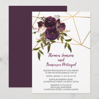 Invitación a la Boda Geométrica Plum Floral Faux G