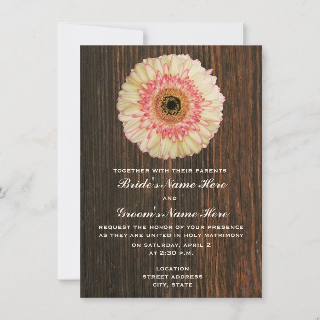 Invitación a la boda Gerbera Daisy & Barnwood (Anverso)