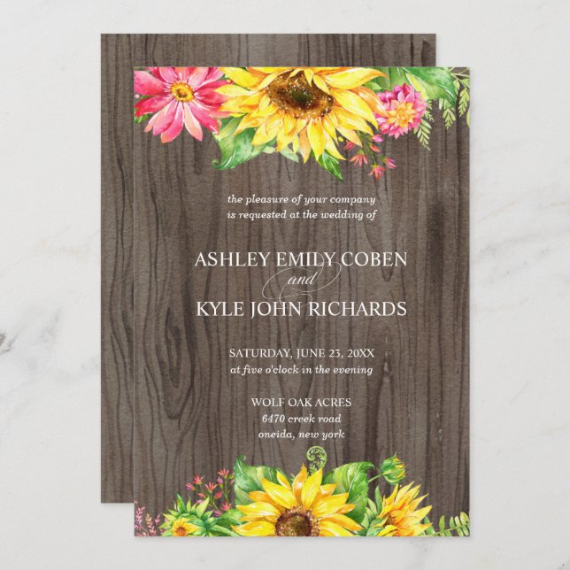 Invitación a la boda girasol con fondo de madera (Anverso / Reverso)