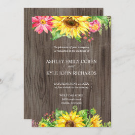 Invitación a la boda girasol con fondo de madera