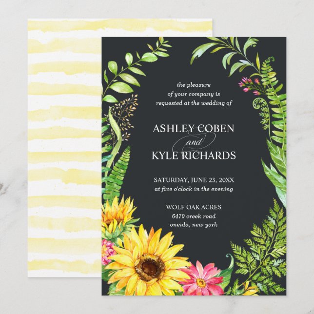 Invitación a la boda girasol con fondo oscuro (Anverso / Reverso)
