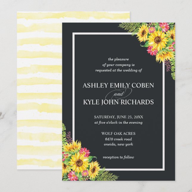 Invitación a la boda girasol con fondo oscuro (Anverso / Reverso)