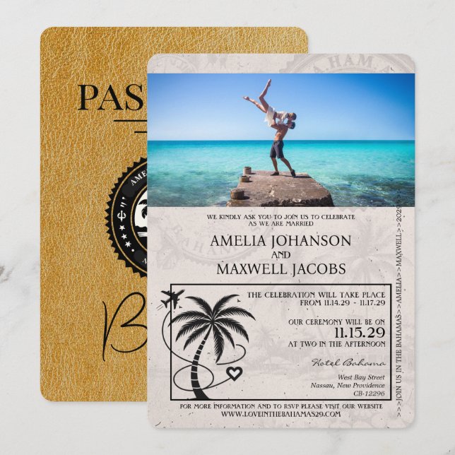 Invitación a la boda Gold Bahamas Passport (Anverso / Reverso)