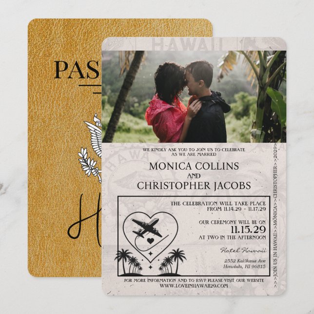 Invitación a la boda Gold Hawaii Passport (Anverso / Reverso)