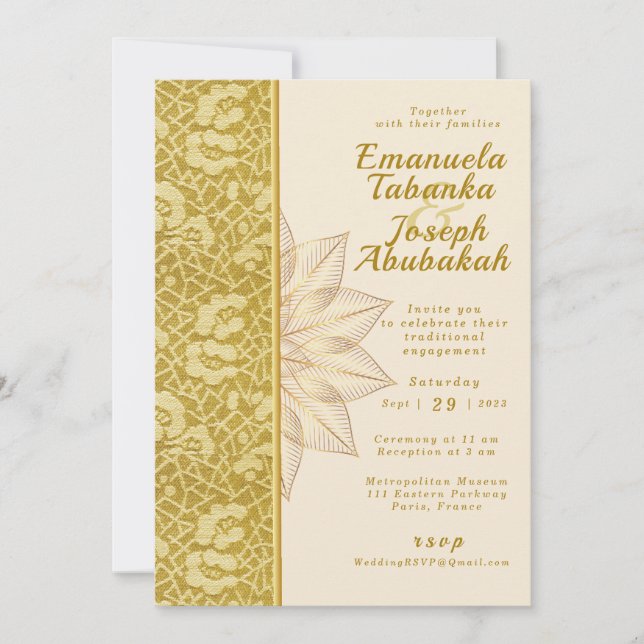 Invitación a la boda Gold Kente con detalles de fl (Anverso)