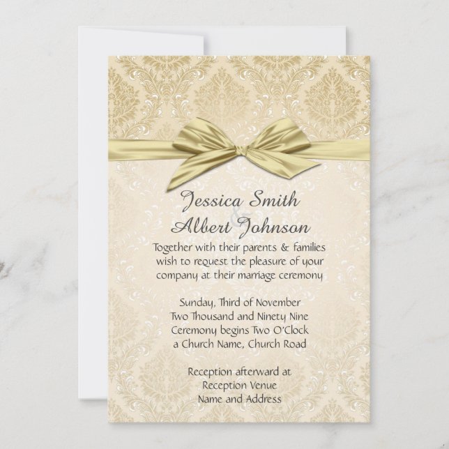 Invitación a la boda Gold Ribbon Gold Damask (Anverso)