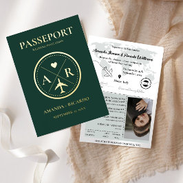 Invitación a la boda Gold y Emerald Green Passport