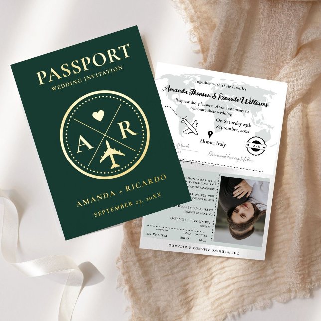 Invitación a la boda Gold y Emerald Green Passport (Subido por el creador)