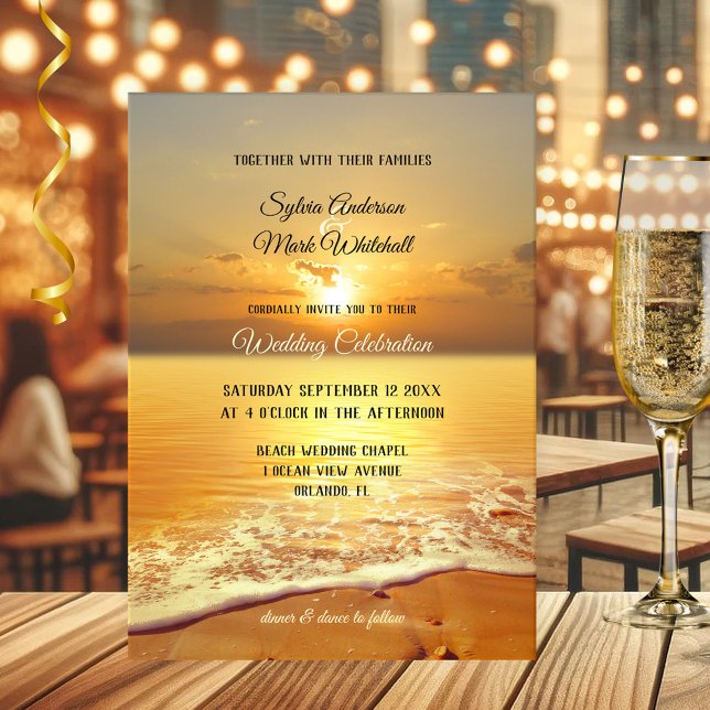 Invitación a la Boda Golden Sunset Beach (Beach or destination wedding invitation featuring a painting of a sunset on the beach)