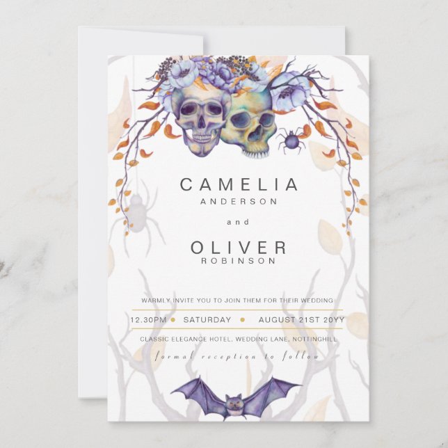 Invitación a la boda gótica calavera Naranja púrpu (Anverso)