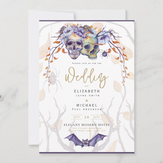 Invitación a la boda gótica calavera Naranja púrpu (Anverso)