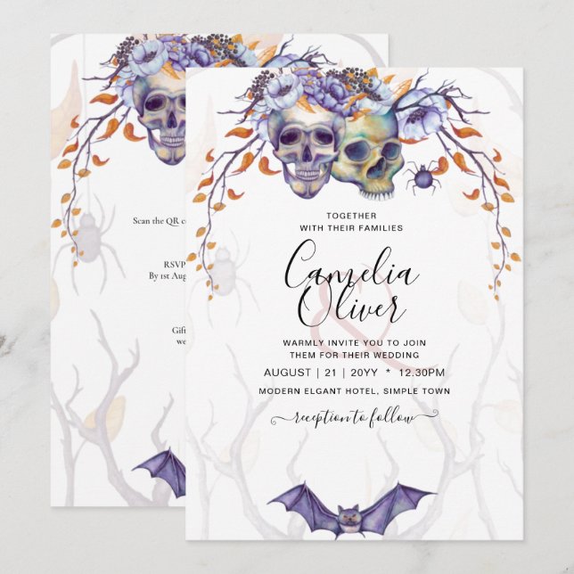 Invitación a la boda gótica calavera Naranja púrpu (Anverso / Reverso)