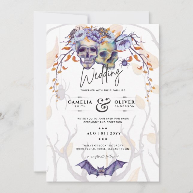 Invitación a la boda gótica calavera Naranja púrpu (Anverso)