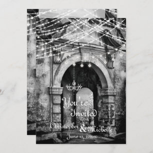 Invitación a la boda gótica con arcos de luces rom