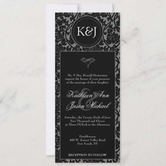 Invitación a la boda gótica con flor negro y gris (Anverso)