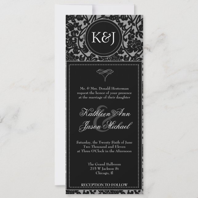 Invitación a la boda gótica con flor negro y gris (Anverso)