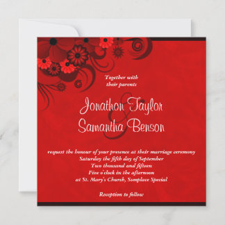 Invitación a la boda gótica con flor rojo oscuro