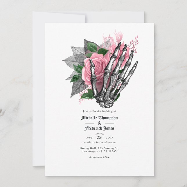 Invitación a la boda gótica con flores rosadas (Anverso)