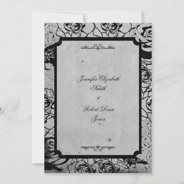 Invitación a la boda gótica con marco de Rosa negr (Anverso)