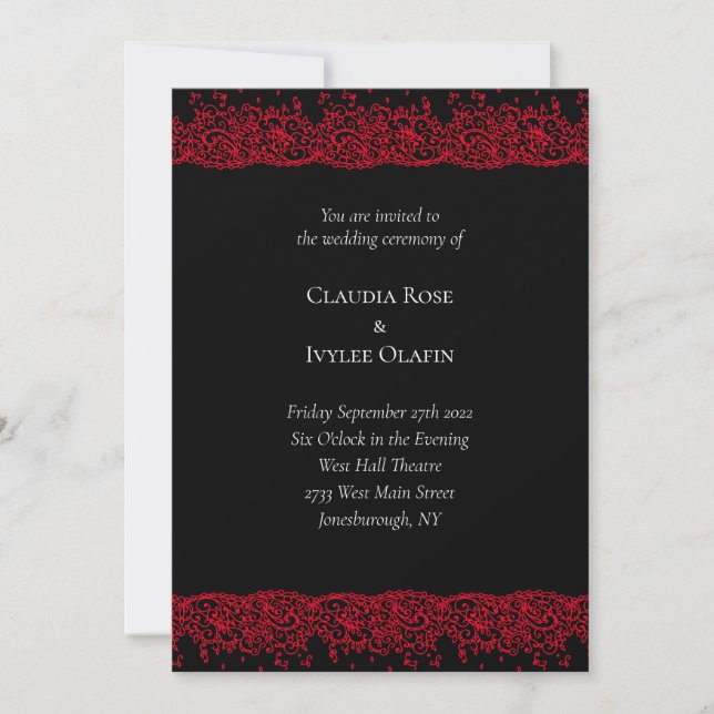 Invitación a la boda gótica de encaje rojo y negro (Anverso)