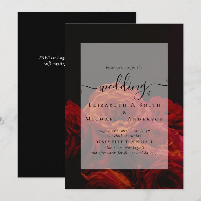 Invitación a la boda gótica de Gótico de rosas roj (Anverso / Reverso)