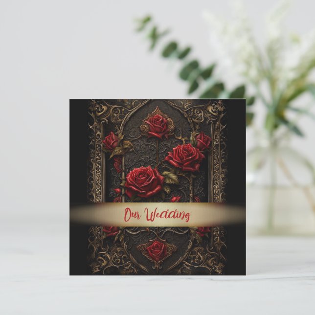 Invitación a la boda gótica de la rosa roja (Anverso de pie)